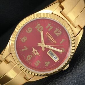 Vintage 1978 Citizen Automatic Mens Gold Watch W/daydate & Red accents